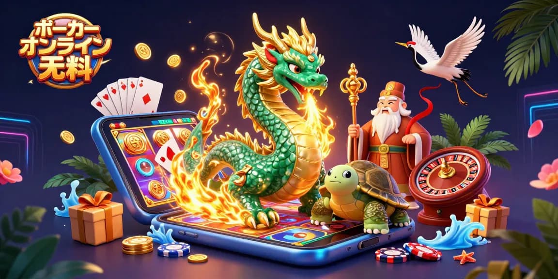 ポーカー オンライン 無料のダイナミックな3Dイラスト、ドラゴンとカメが共演。