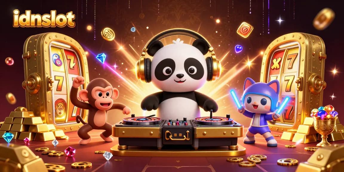 Experience idnslot gameplay with a vibrant DJ panda, breakdancing monkey, and glowing kitten among treasure in a rich casino scene.