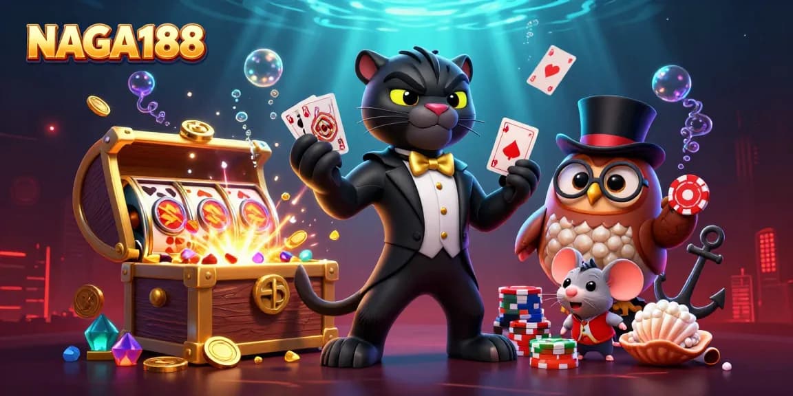 NAGA188 menghadirkan keseruan bermain kartu dengan panther elegan dan karakter lucu, dikelilingi elemen kasino yang menarik.