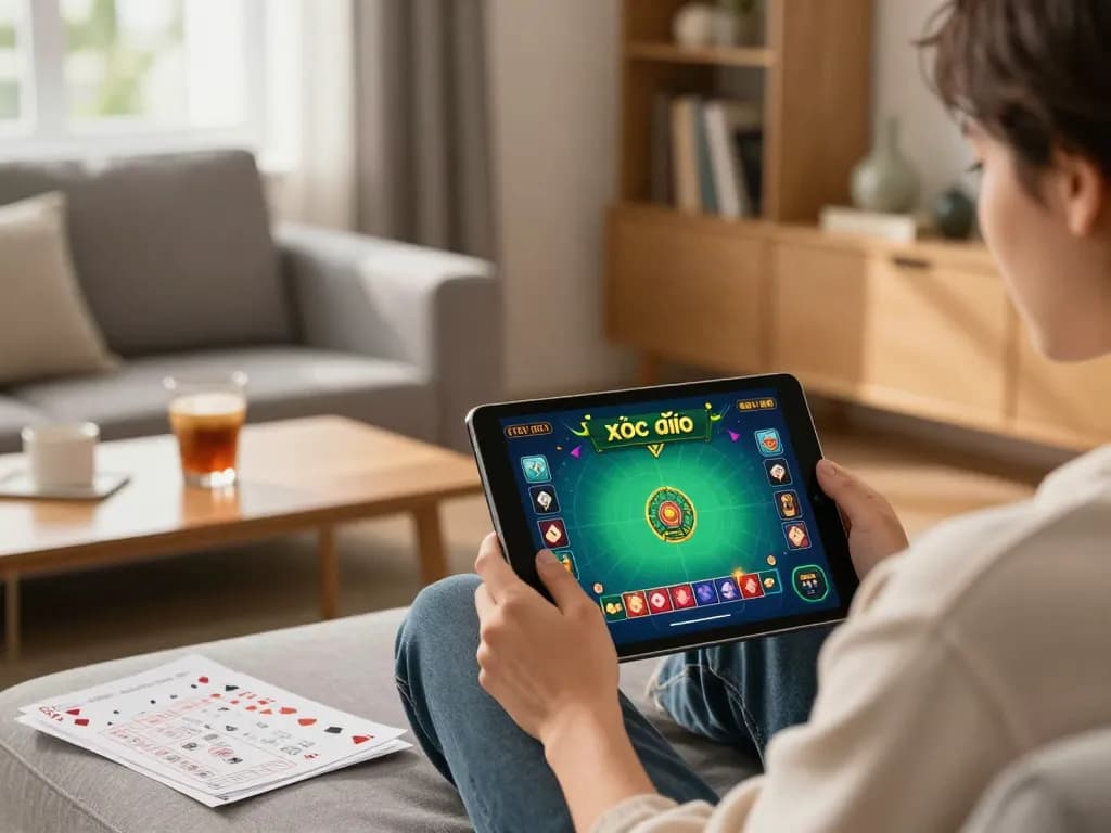 xóc đĩa online gaming experience on a tablet in a cozy living room.