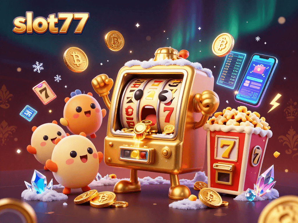 Engage with slot777, where a golden slot machine celebrates a big win amidst colorful casino elements.