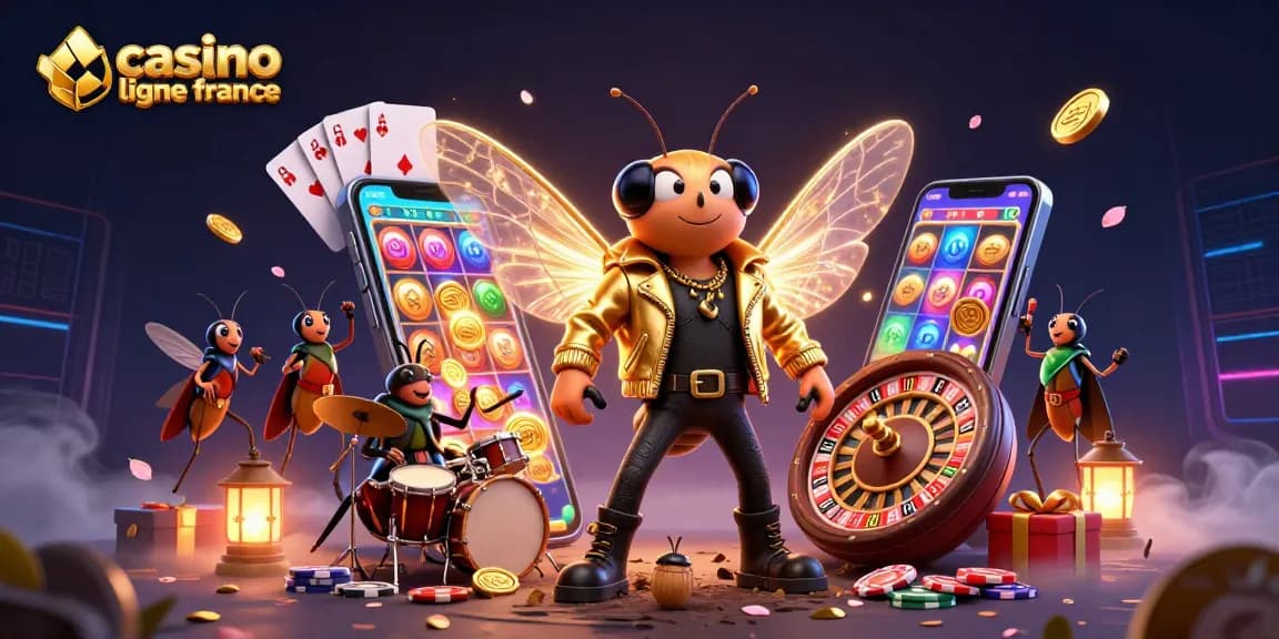 Illustration vibrante mettant en avant le casino en ligne France avec des éléments de jeu dynamiques.
