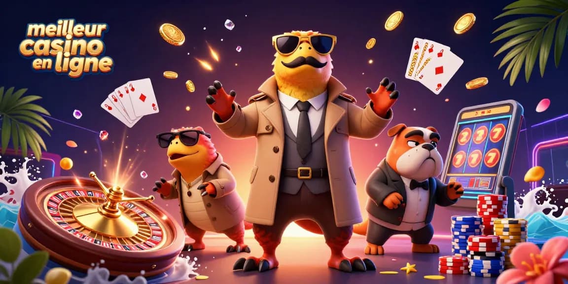 Illustration dynamique du meilleur casino en ligne avec des raptors en trench coat tentant d'entrer dans un lounge VIP.