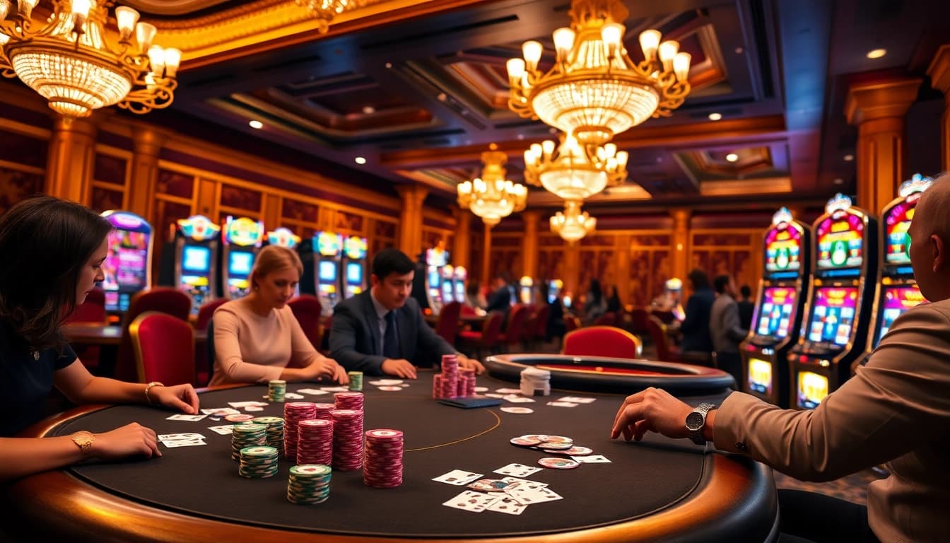 Joueurs engagés en train de élaborer des stratégies à une table de poker de casino en ligne luxueuse avec des jetons vibrants.