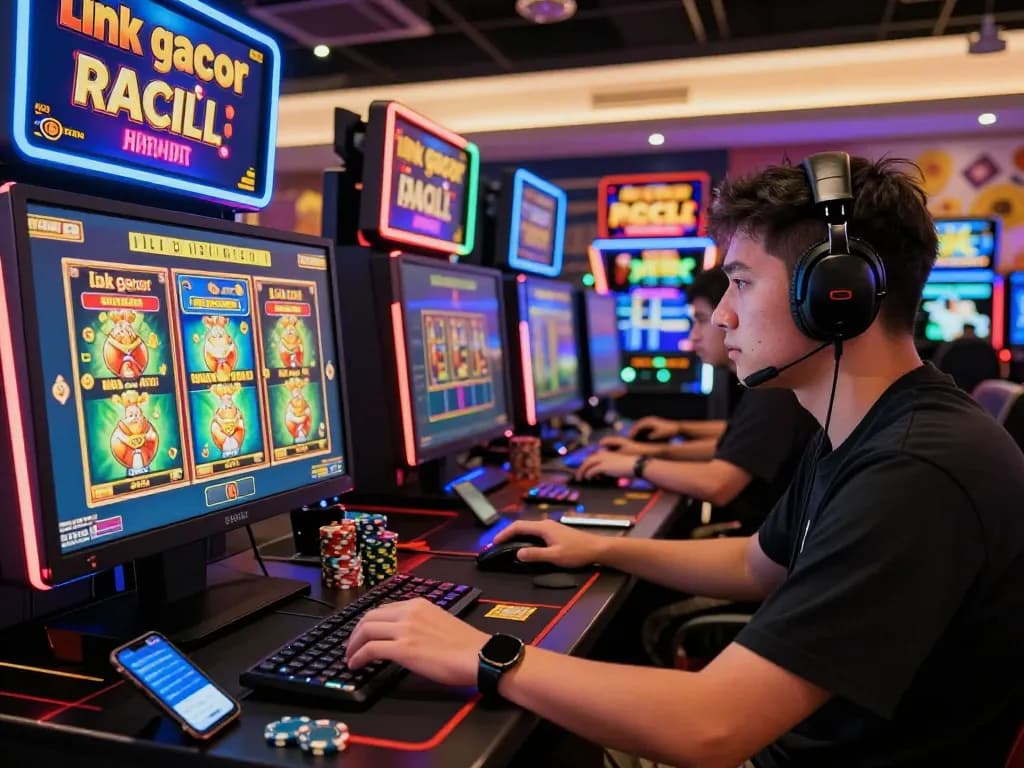 Pemain yang terlibat dalam permainan online dengan slot link gacor, chip kasino, dan suasana penuh energi.