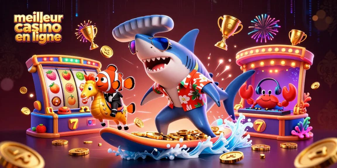 Profitez de l'excitation du meilleur casino en ligne avec un requin en costume sur une mer de pièces d'or.