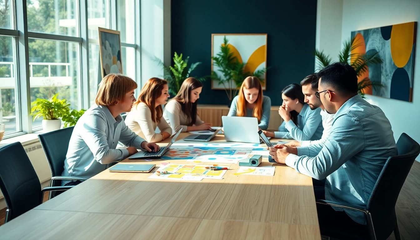 Webflow Agentur team collaborating in a bright, modern office environment.