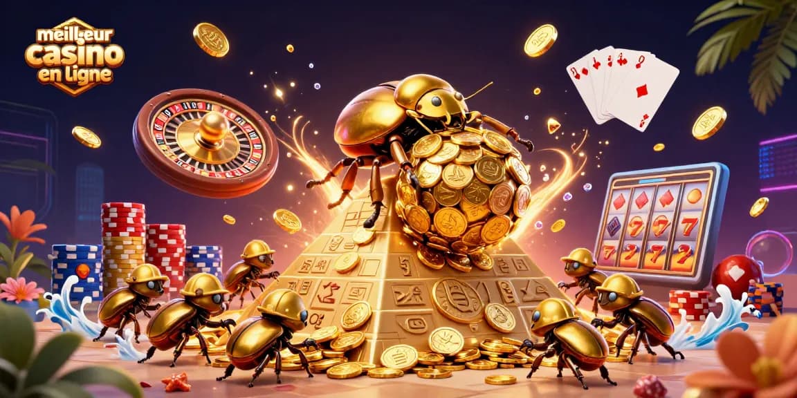 Explore le meilleur casino en ligne avec un scarabée doré et des éléments de jeu en 3D.