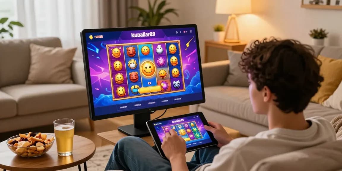Pengalaman bermain slot online kudaliar89 yang menyenangkan dengan suasana santai di ruang tamu.