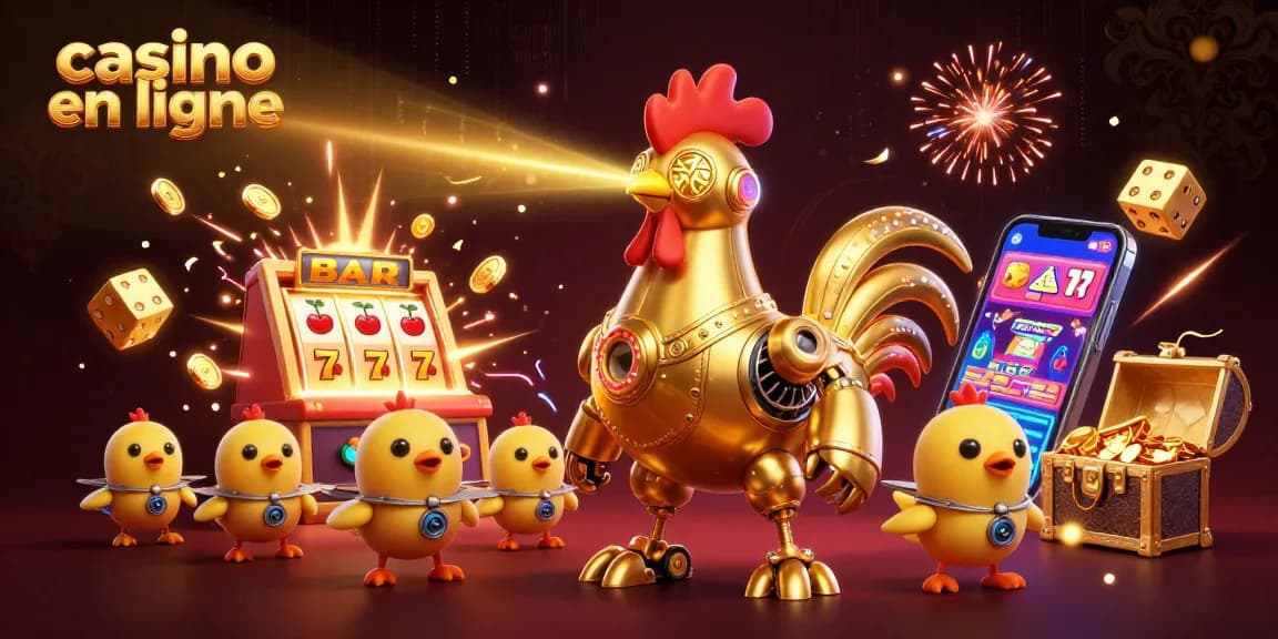 Casino en ligne : Robot coq d'or et drones jouant au casino entourés de machines à sous.