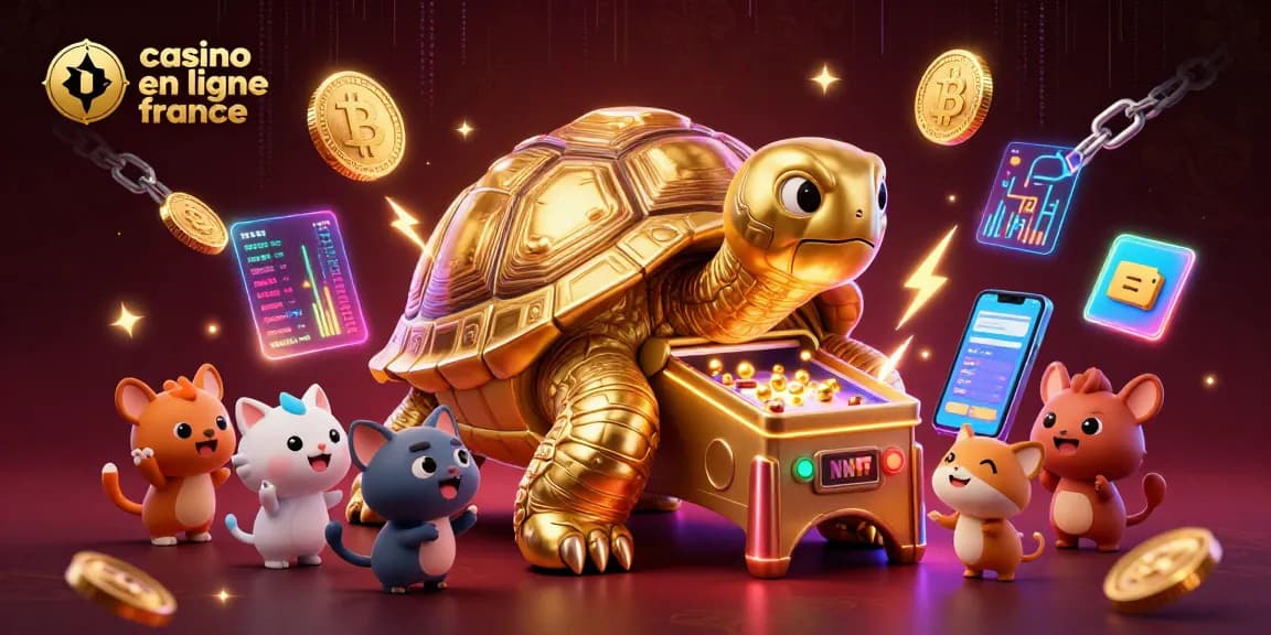 Jouez sur le casino en ligne France avec une tortue géante pinball et des animaux excités, entourés de crypto-monnaies.