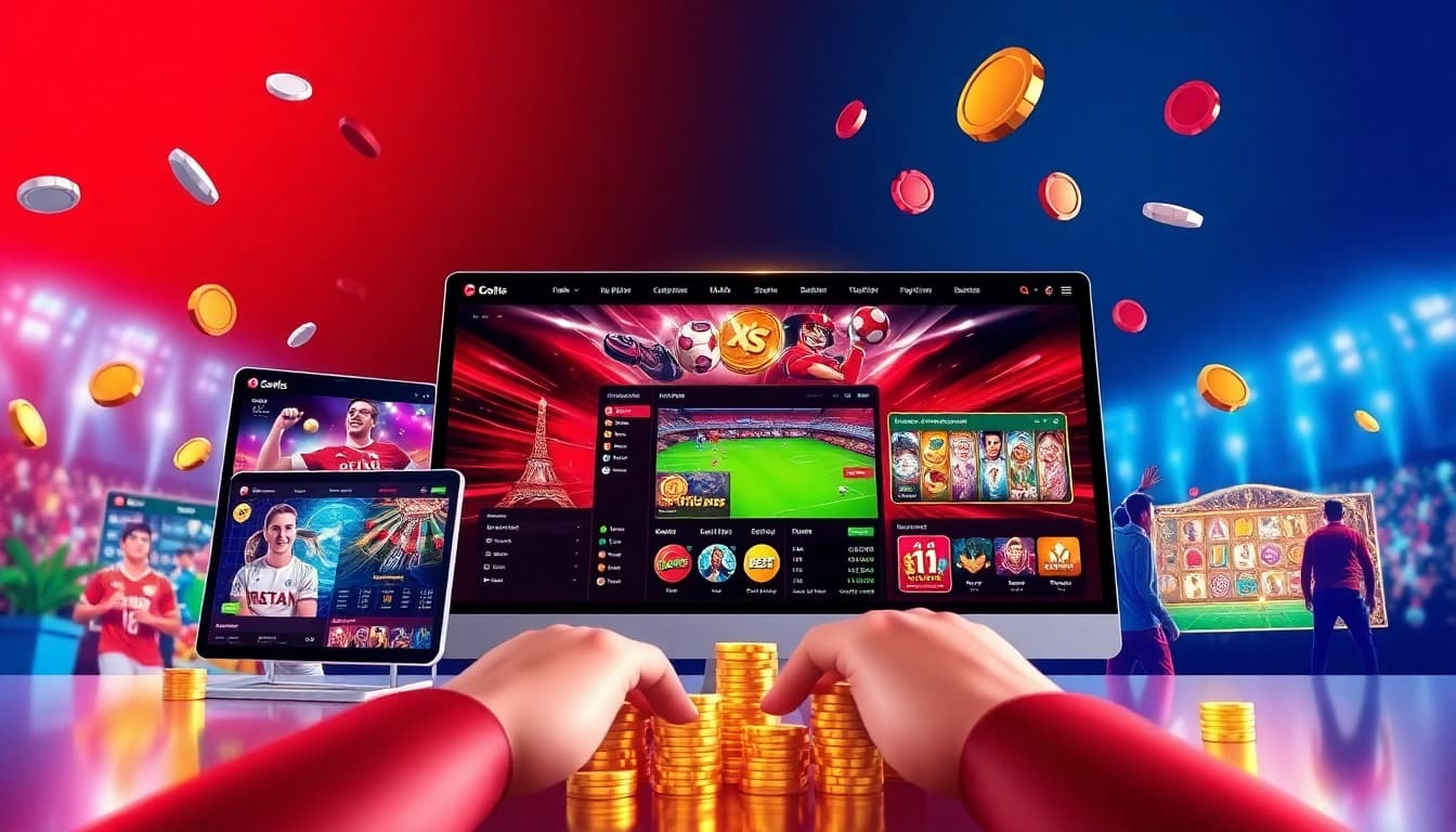 Engaging scene of online gambling at https://789ff.biz/, featuring vibrant sports, casino games, and eager players.