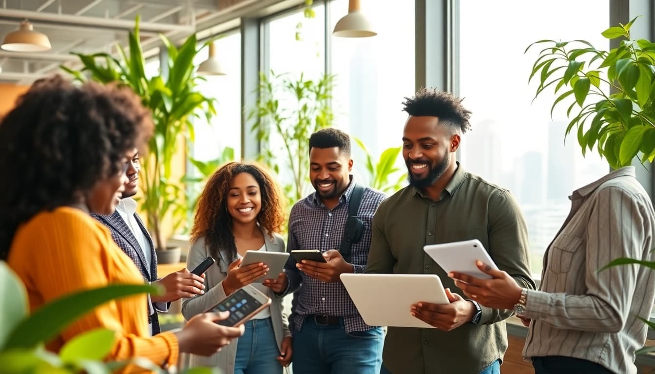 Engaged entrepreneurs showcasing ideas in a vibrant workspace emphasizing Bet on Black.
