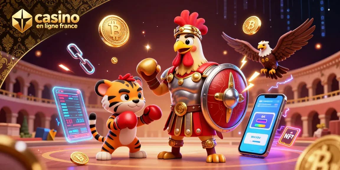 Illustration dynamique de jeu de casino en ligne France, mettant en scène un coq gladiateur en armure et des éléments cryptographiques.