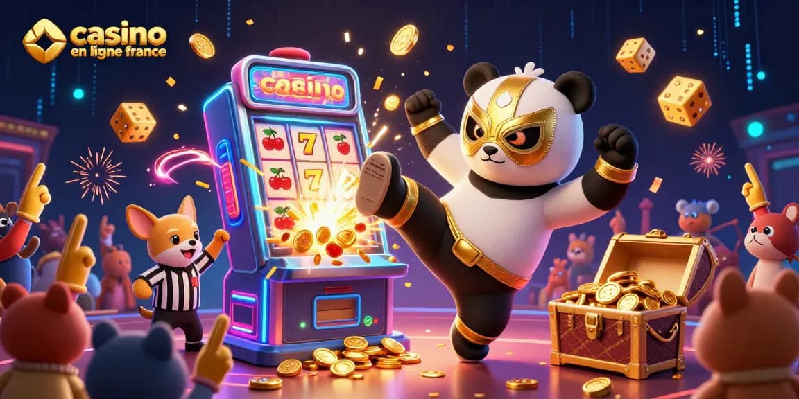 Illustration dynamique de casino en ligne France avec un panda lutteur et un chien arbitre entourés d'éléments de jeu.