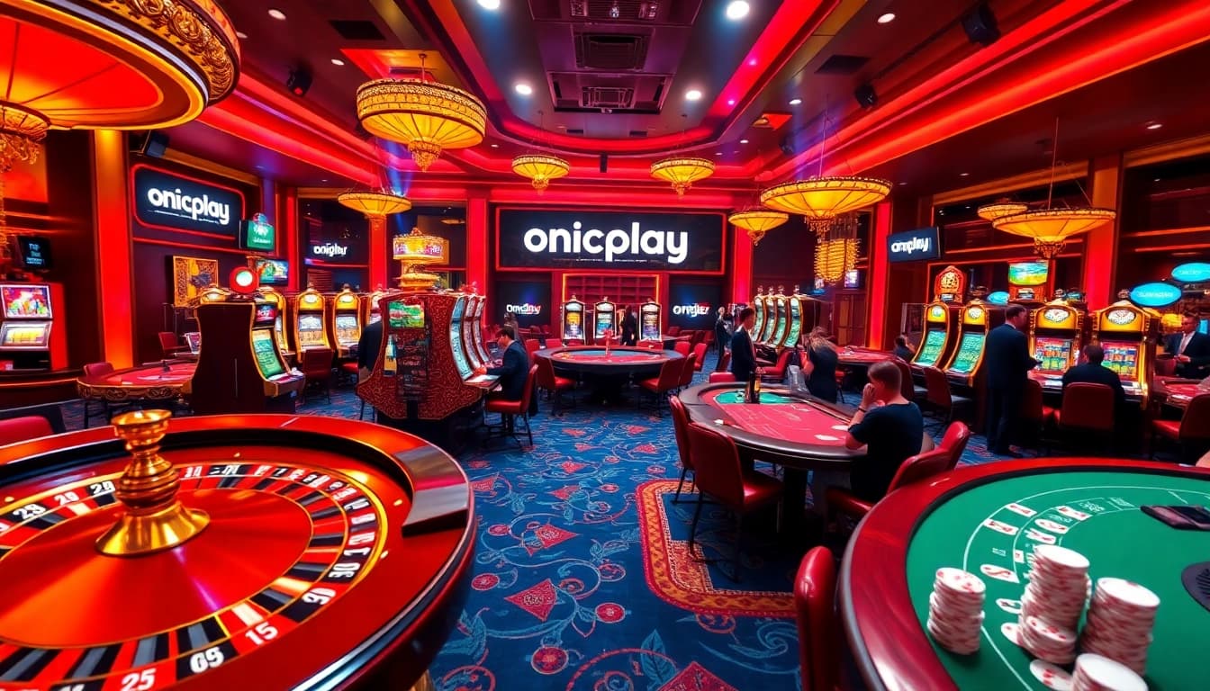 Engage with onicplay in a vibrant casino scene showcasing roulette and slot machines.