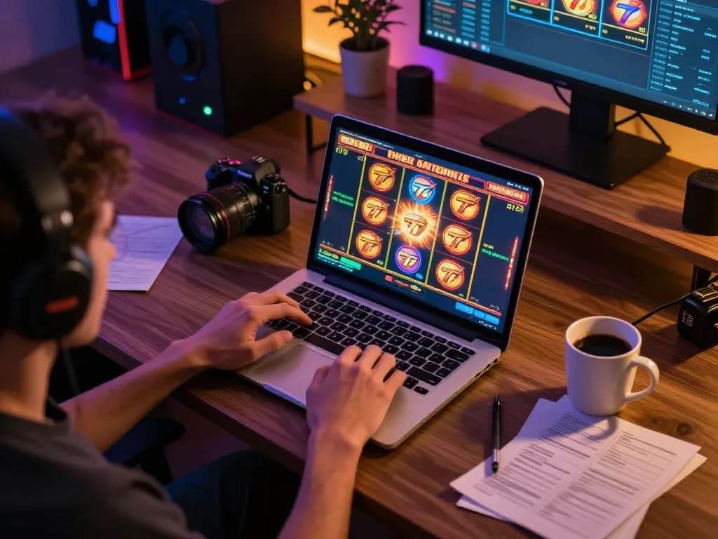 Player engaging with slot777 gameplay on laptop in a cozy home setting with warm lighting.