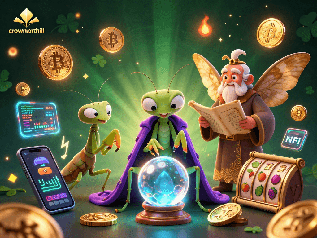 Crownnorthill showcases a vibrant 3D casino scene with a fortune teller and moth librarian, emphasizing bonus buy slots.