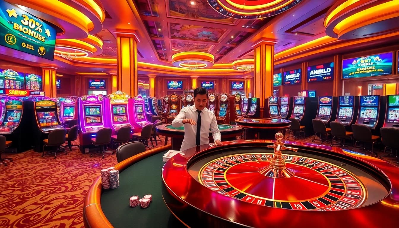 Adegan kasino yang mendebarkan dengan meja rolet yang penuh warna dan para pemain menikmati bonus khusus Aneka4D.