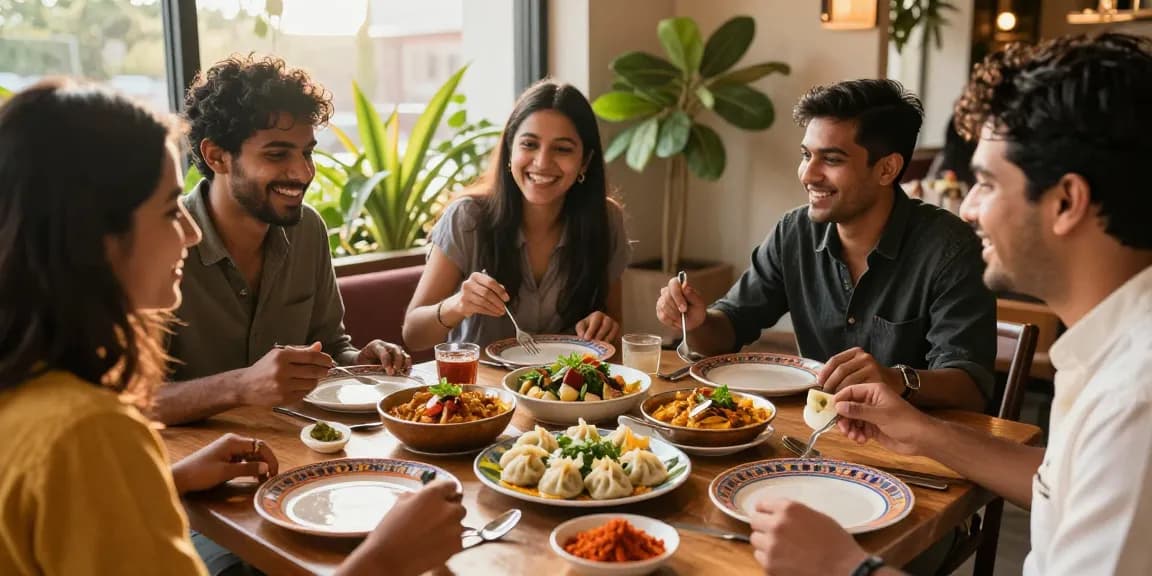 Enjoying authentic rokok88 curry and momo with friends in a vibrant dining atmosphere.