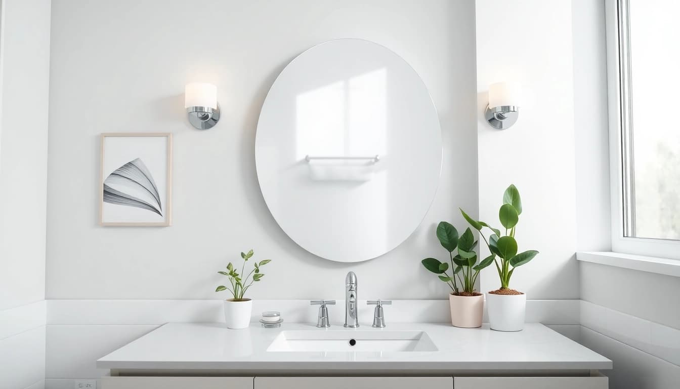 Illuminated mirror light mirror enhancing a modern bathroom ambiance with natural decor.