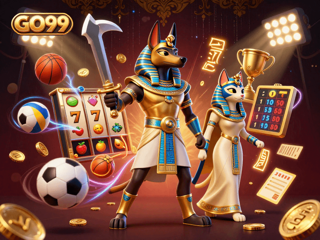 Experience GO99's vibrant casino scene with Anubis and Bastet, jackpot thrills await!