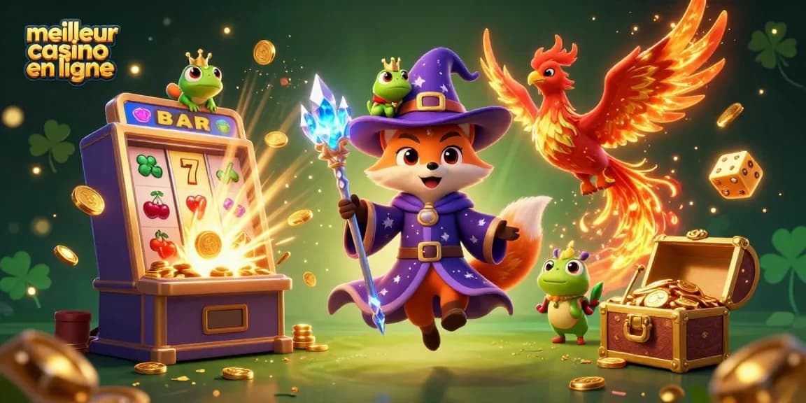 Illustration dynamique représentant le meilleur casino en ligne, avec un renard sorcier et un phoenix.
