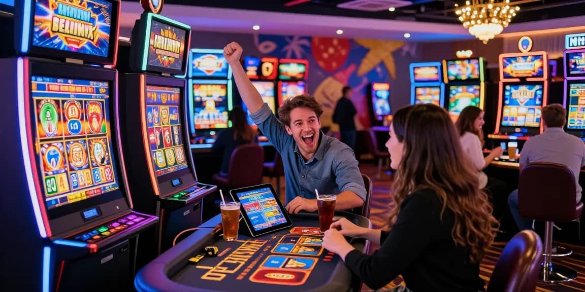 Diverse players enjoying vibrant non gamstop casinos experience at a lively gaming floor, with exciting slot machines and live dealer tables.