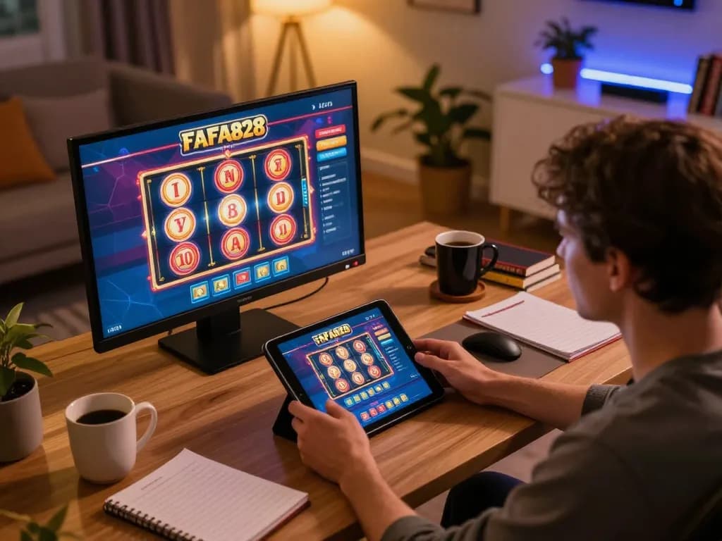FAFA828 player engaged in online slot gameplay with tablet in cozy home setting