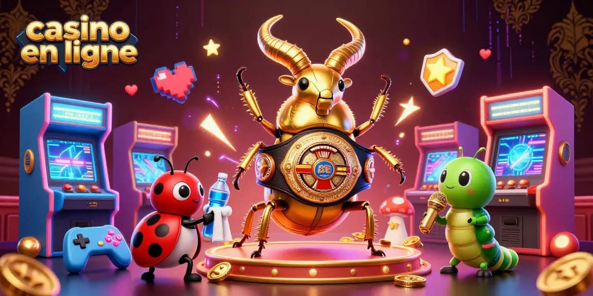Casino en ligne : illustration colorée de jeux d'arcade avec un scarabée doré en ceinture de champion.