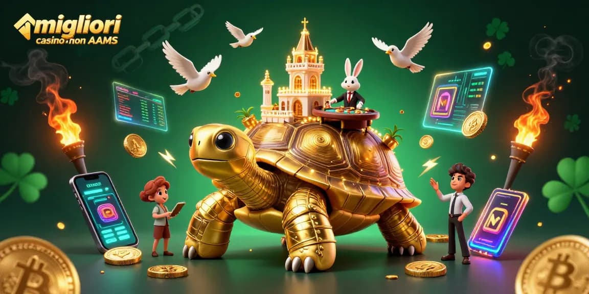 Migliori casino non AAMS: divertiti con il tortuga d'oro e il dealer di carte in un'illustrazione animata.