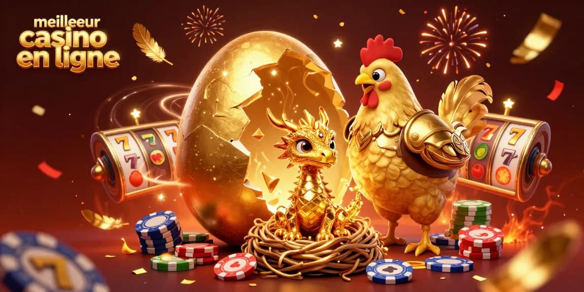 Illustration du meilleur casino en ligne avec un dragon doré et des jetons de poker, ambiance festive