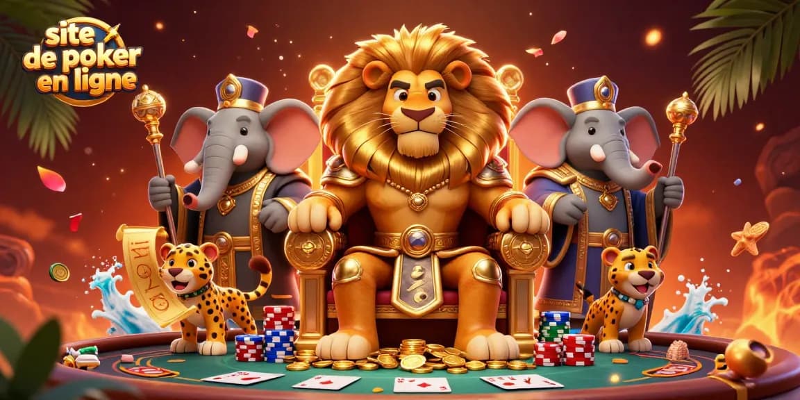Jouer au poker avec le meilleur site de poker en ligne, mettant en scène un lion roi et ses conseillers.