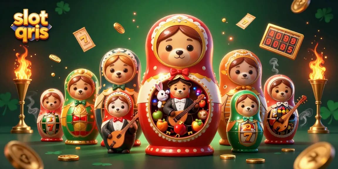 Slot qris menampilkan beruang Matryoshka 3D bermain di kasino dengan tema slot yang berwarna-warni.