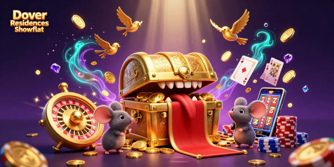 Dover Residences Showflat showcases a vibrant gambling scene with treasure, golden coins, and game elements.