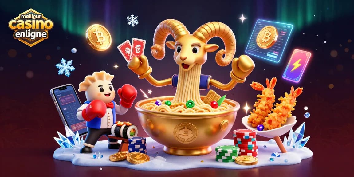 Visualisez le meilleur casino en ligne avec un bol de ramen en or et des éléments de jeu numériques vibrants.