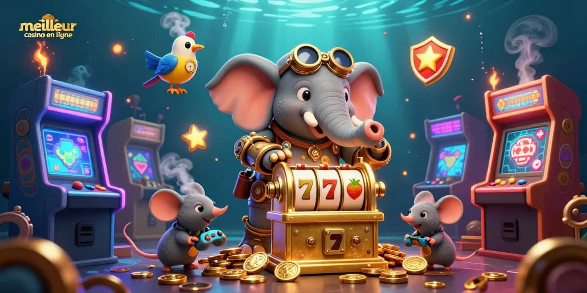 Action dynamique au meilleur casino en ligne illustrant un éléphant steampunk jouant aux machines à sous.