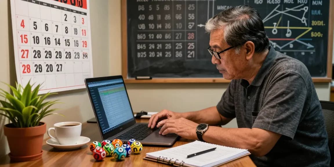 Analisis prediksi angka untung oleh Eko Santika dengan data togel di laptop dan bola togel berwarna.