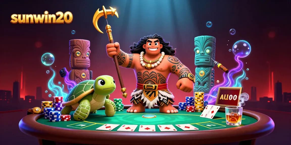 Sunwin20 showcases a dynamic casino scene with vibrant characters and exciting poker elements.