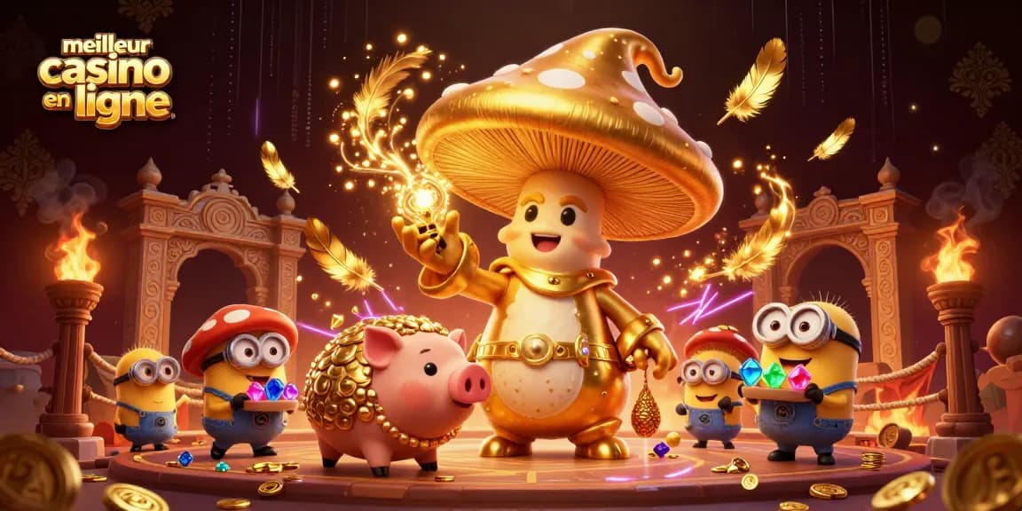 Illustration représentant le meilleur casino en ligne, avec un mage, un cochon truffier et des gemmes.
