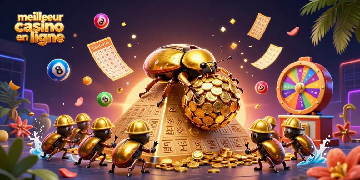 Image dynamique représentant le meilleur casino en ligne avec des symboles de jeu en couleur.