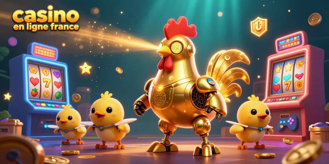 Découvrez le casino en ligne France avec un robot coq futuriste et des machines à sous colorées.