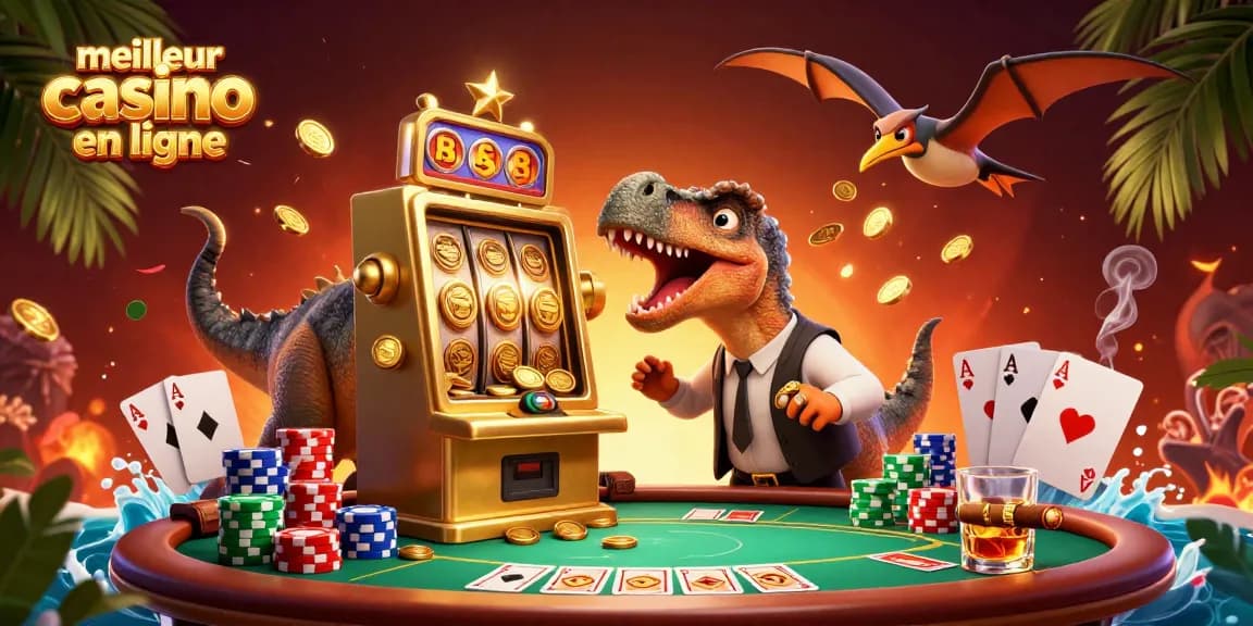 Illustration dynamique d'un meilleur casino en ligne avec un pachycéphalosaure et une machine à sous dorée