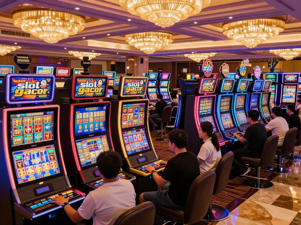 Engaging players celebrating big wins while playing slot gacor machines in a lively casino atmosphere.