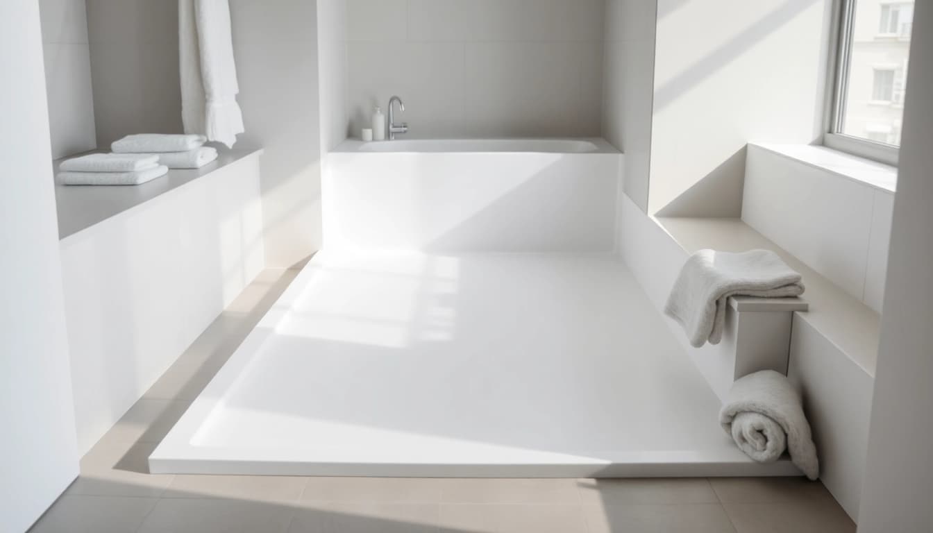 Showcasing a modern shower base with sleek design and polished surface in a stylish bathroom.