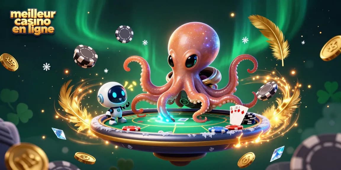Visualisation du meilleur casino en ligne avec un poulpe extraterrestre jouant au poker.