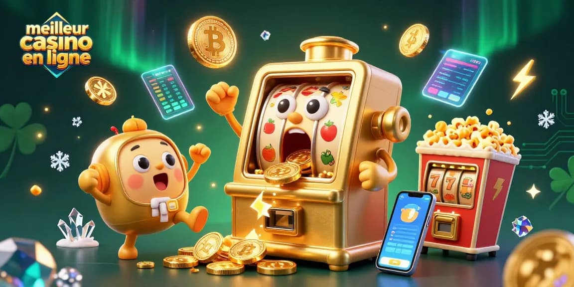 Le meilleur casino en ligne avec des machines à sous dorées célébrant des jackpots, illustrant la joie du jeu.