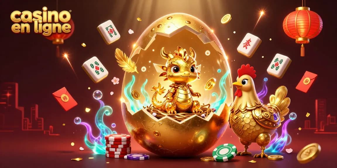 Casino en ligne avec un dragon en or au milieu de jetons de poker illuminés par des lanternes rouges.