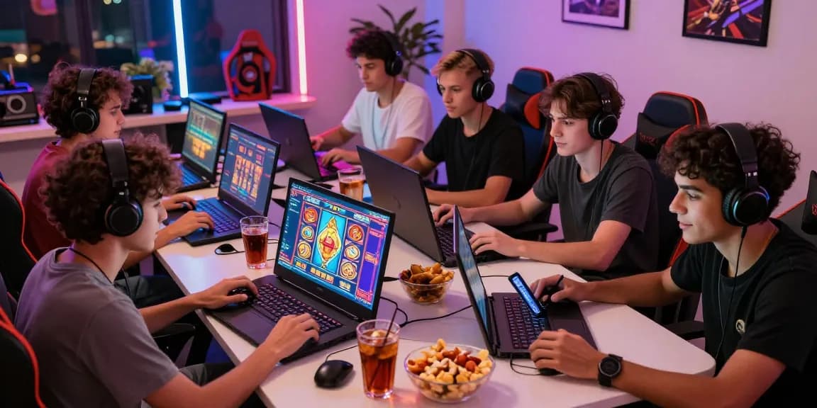 Friends enjoying slot games online in a vibrant gaming room with LED lights.