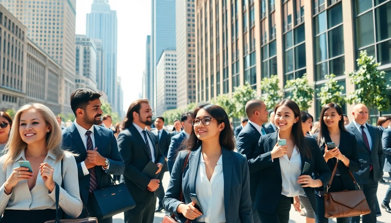 Engaged professionals exploring Chicago jobs in a dynamic city environment.